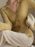 IFOMT Solid Color Ribbed Metal Button V Neck Cardigan