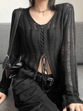 IFOMT Tie Front Distressed Sheer Knit Top