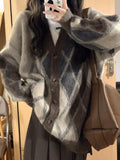 IFOMT V Neck Argyle Button Front Cardigan