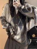 IFOMT V Neck Argyle Button Front Cardigan