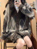 IFOMT V Neck Argyle Button Front Cardigan