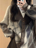 IFOMT V Neck Argyle Button Front Cardigan