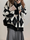 IFOMT V Neck Argyle Pattern Knit Cardigan