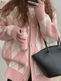 IFOMT V Neck Argyle Pattern Knit Cardigan