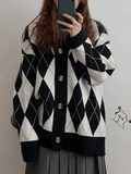 IFOMT V Neck Argyle Pattern Knit Cardigan