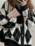 IFOMT V Neck Argyle Pattern Knit Cardigan