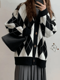 IFOMT V Neck Argyle Pattern Knit Cardigan