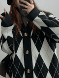 IFOMT V Neck Argyle Pattern Knit Cardigan