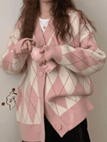 IFOMT V Neck Argyle Pattern Knit Cardigan
