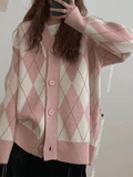 IFOMT V Neck Argyle Pattern Knit Cardigan