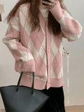 IFOMT V Neck Argyle Pattern Knit Cardigan