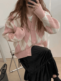 IFOMT V Neck Argyle Pattern Knit Cardigan