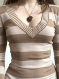 IFOMT V Neck Striped Knit Top