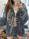 IFOMT Velvet Skeleton Graphic Zip Up Hoodie