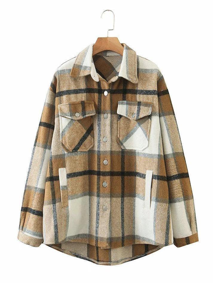 IFOMT Vintage Pockets Oversized Plaid Shacket
