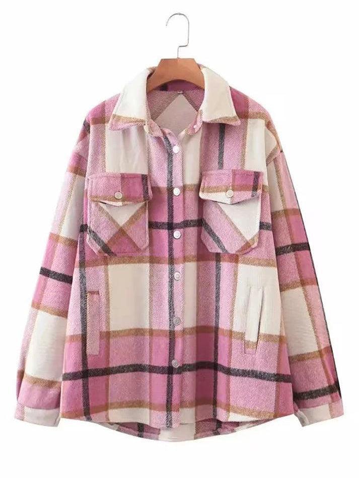 IFOMT Vintage Pockets Oversized Plaid Shacket