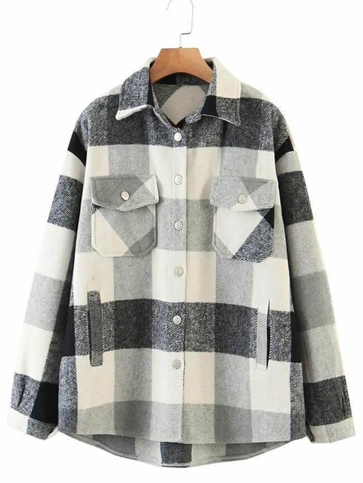 IFOMT Vintage Pockets Oversized Plaid Shacket