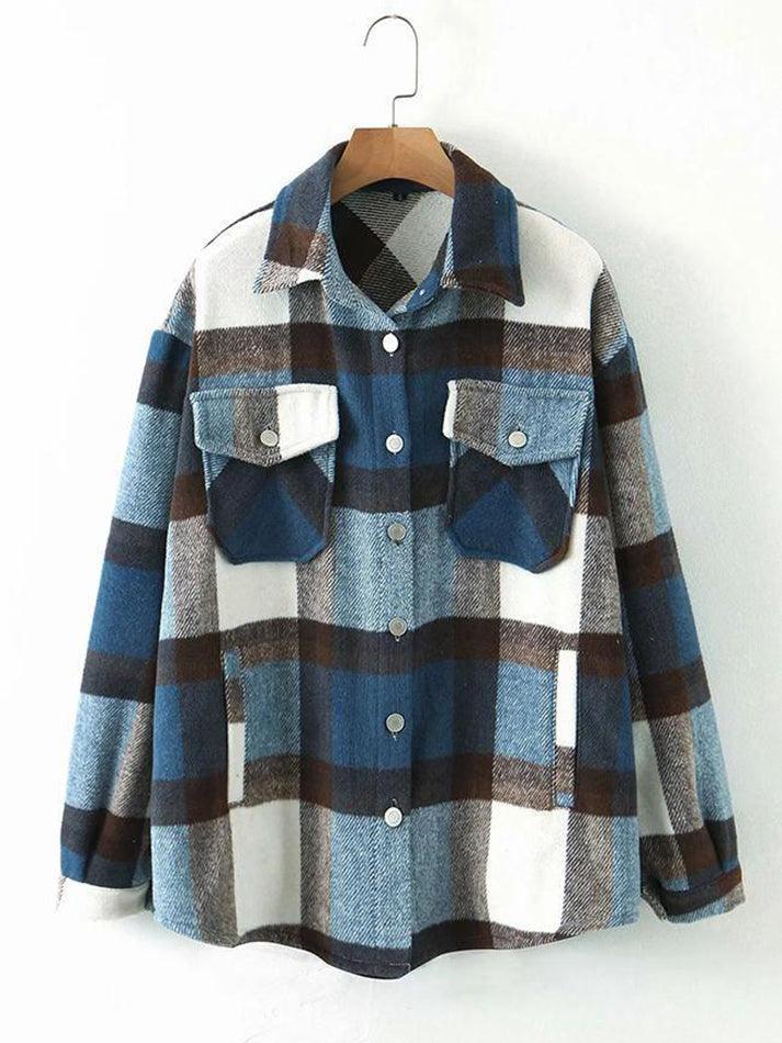 IFOMT Vintage Pockets Oversized Plaid Shacket