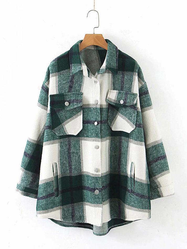 IFOMT Vintage Pockets Oversized Plaid Shacket