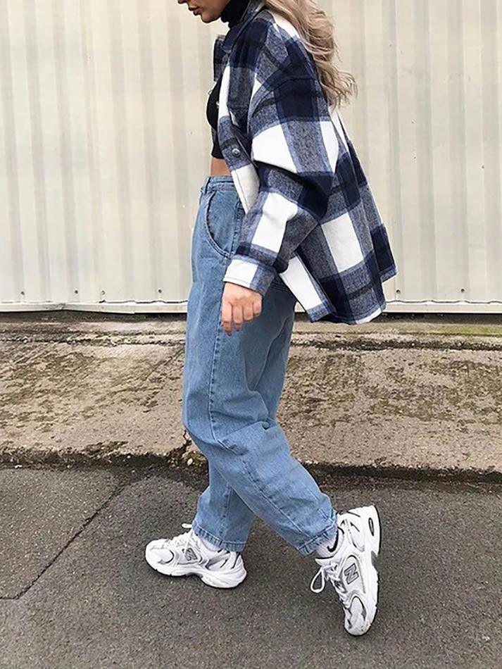 IFOMT Vintage Pockets Oversized Plaid Shacket