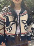 IFOMT Vintage Print Zip Up Short Knit Cardigan