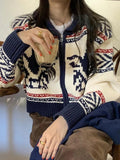 IFOMT Vintage Print Zip Up Short Knit Cardigan