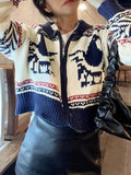 IFOMT Vintage Print Zip Up Short Knit Cardigan