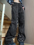 IFOMT Zip Up Checkerboard Splice Boyfriend Jeans