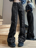 IFOMT Zip Up Checkerboard Splice Boyfriend Jeans