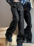 IFOMT Zip Up Checkerboard Splice Boyfriend Jeans