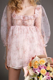 Ifomt - Pink Puff Sleeve Floral Print Organza Babydoll Mini Dress