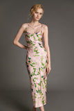 Ifomt - Pink Satin Floral Print Strappy Back Cowl Neck Midi Dress
