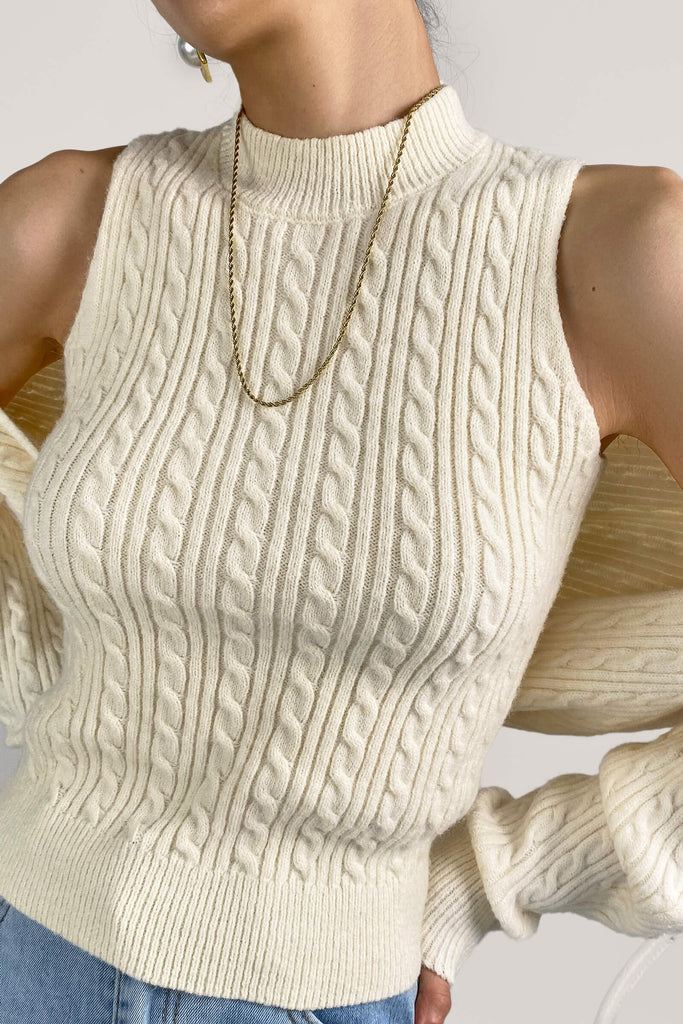 Ifomt Ivory Cable Knit Shrug Cardigan & Vest Two-Piece Set