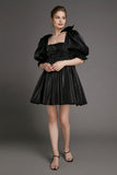 Ifomt - Black Puff Sleeve Bow Detail Babydoll Mini Dress