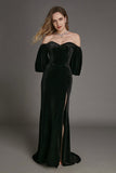 Ifomt - Black Velvet Off-the-Shoulder Puff Sleeve Mermaid Formal Dress