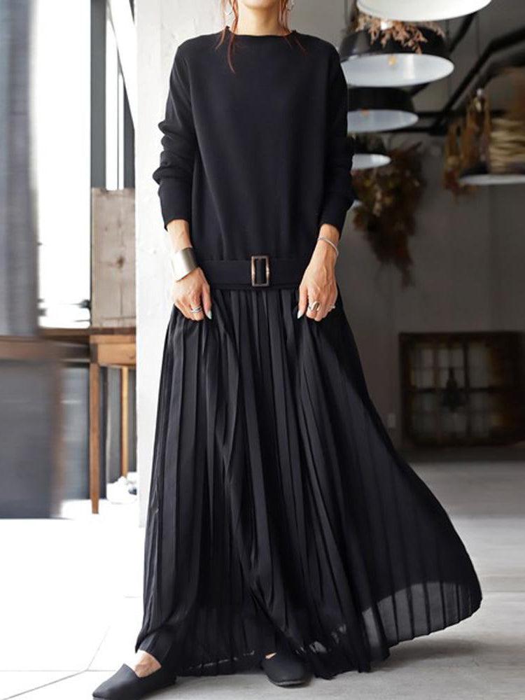 IFOMT 2024 New Fashion Elegant Belt Solid Pullover Knit Panel Pleated Dress