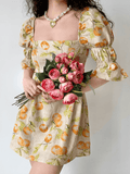 IFOMT 2024 New Fashion Elegant Vintage Fruit Print Square Neck Puff Sleeve Dress