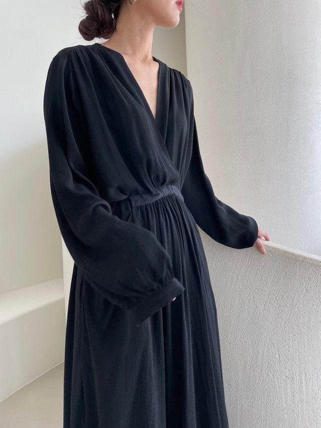 IFOMT 2024 New Fashion Elegant V-neck Cross-waist Wrinkled Loose Long Dress