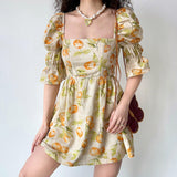 IFOMT 2024 New Fashion Elegant Vintage Fruit Print Square Neck Puff Sleeve Dress