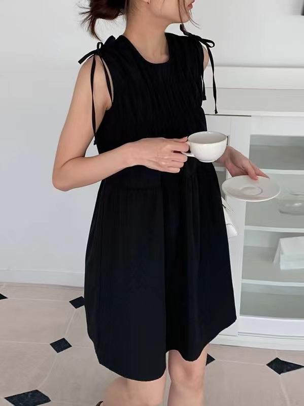 IFOMT 2024 New Fashion Elegant Cute Bow Lace-up Pleated Sleeveless Short Dress