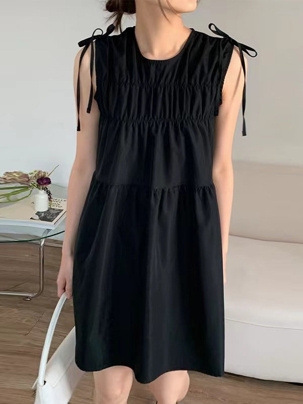IFOMT 2024 New Fashion Elegant Cute Bow Lace-up Pleated Sleeveless Short Dress