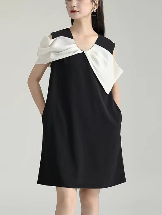 IFOMT 2024 New Fashion Elegant Asymmetric White Bow Black Dress