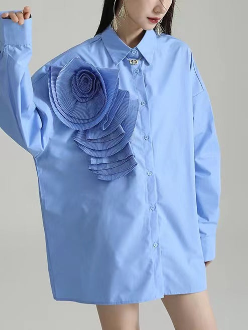 IFOMT 2024 New Fashion Elegant Pleated 3D Flower Long-Sleeved Shirt Dress