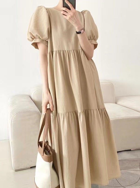 IFOMT 2024 New Fashion Elegant Simple Round Neck Loose Puff Sleeve Pleated Dress