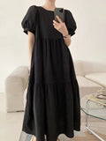 IFOMT 2024 New Fashion Elegant Simple Round Neck Loose Puff Sleeve Pleated Dress