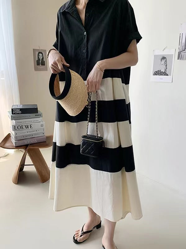 IFOMT 2024 New Fashion Elegant French Loose Black&white Oversize Shirt Dress