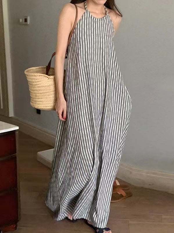 IFOMT 2024 New Fashion Elegant Loose Tie Open Back Striped Tank Dress