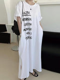IFOMT 2024 New Fashion Elegant Letter Print Loose Long Short Sleeve T-Shirt Dress