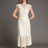 Ifomt - Ivory Lace Ruffled V-neck Maxi Dress
