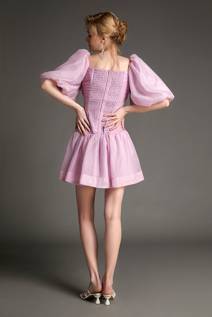 Ifomt - Pink Organza Off-the-Shoulder Puff Sleeve Cut Out Mini Dress
